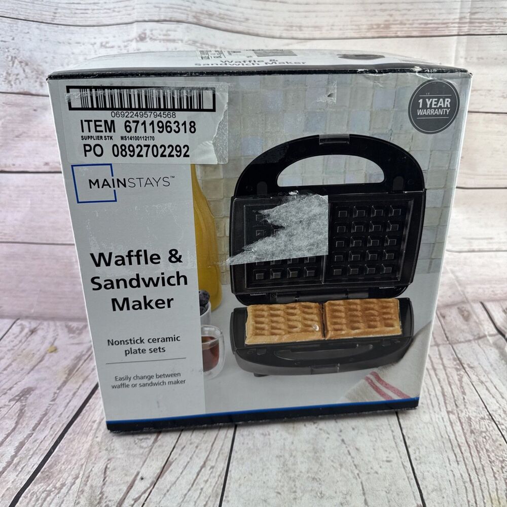Mainstays 2 in 1 Waffle Sandwich Maker Black Removable Plates 750W